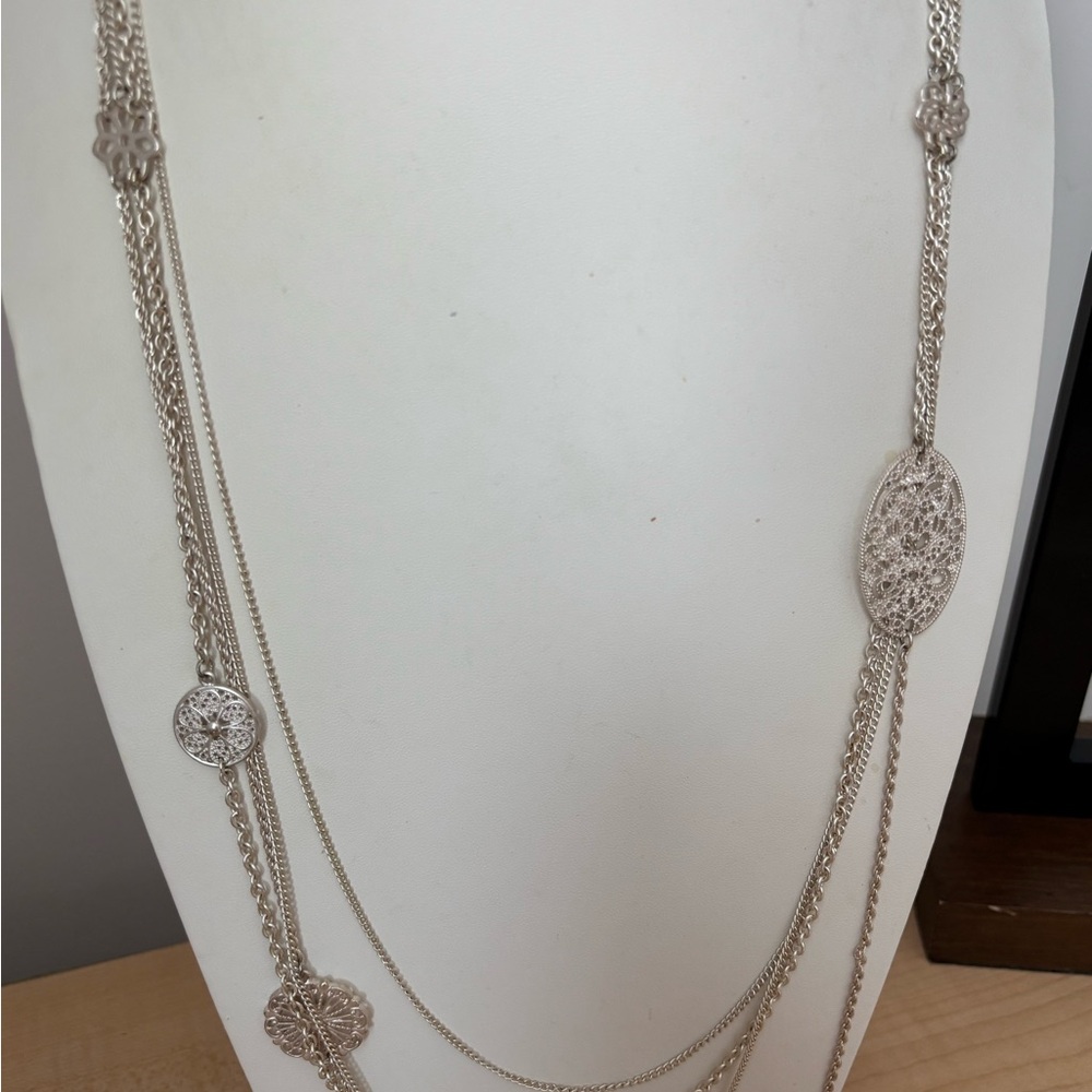 Floral Open Filigree Stations Necklace with 4 Chains/ very good used condition
